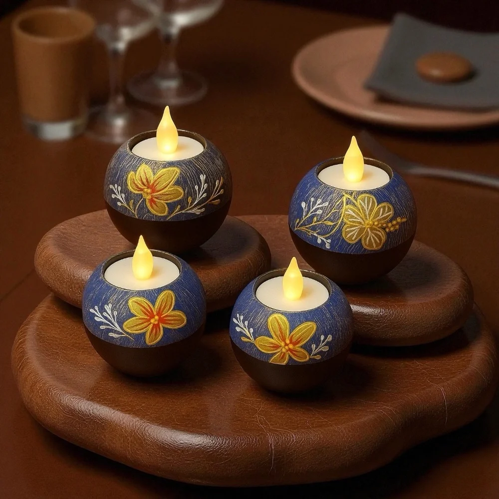 Floral Tea Light Wooden Votive Holders 4 Pcs Hand Painted Asian Inspired - Picture 10 of 10
